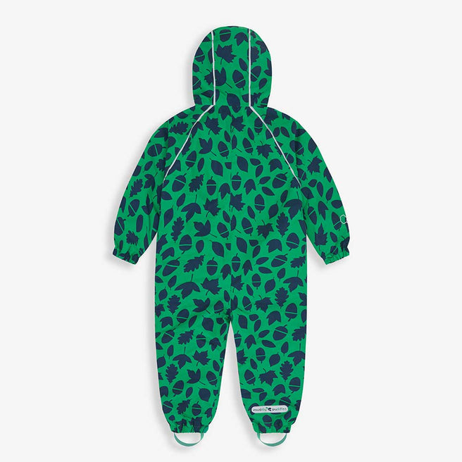 A green EcoSplash Waterproof Fleece Lined Puddle Suit, covered in navy leaf and acorn patterns, with a hood and foot stirrups.